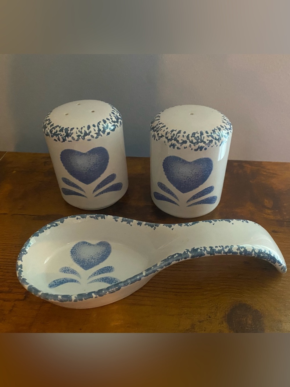 Blue Heart Ceramic Salt and Pepper Shakers with Matching Spoon Rest - Blue